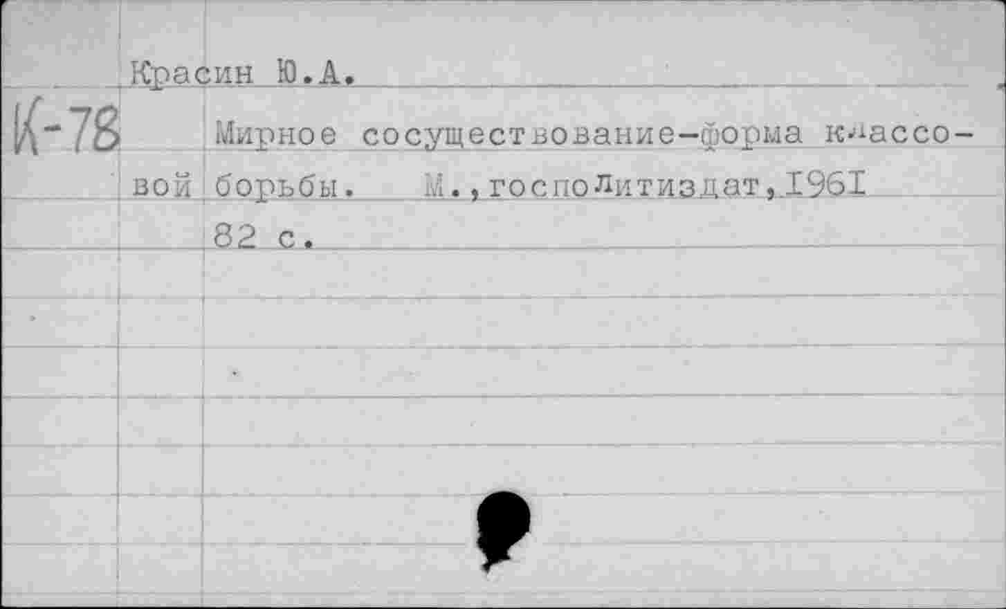 ﻿	Красин Ю.А.	
К- 78		Мирное сосуществование—йорма к^ассо-
	вой	борьбы. М., госпоЛитиздат,.1Э61
		82 с.
		
•		
		•
		
		
		•
		